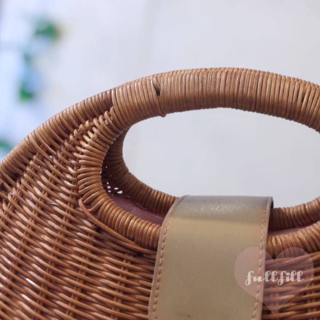 丸型ラタン×ピンクサテン内布のナチュラルかごバッグ BAG vintage 古着