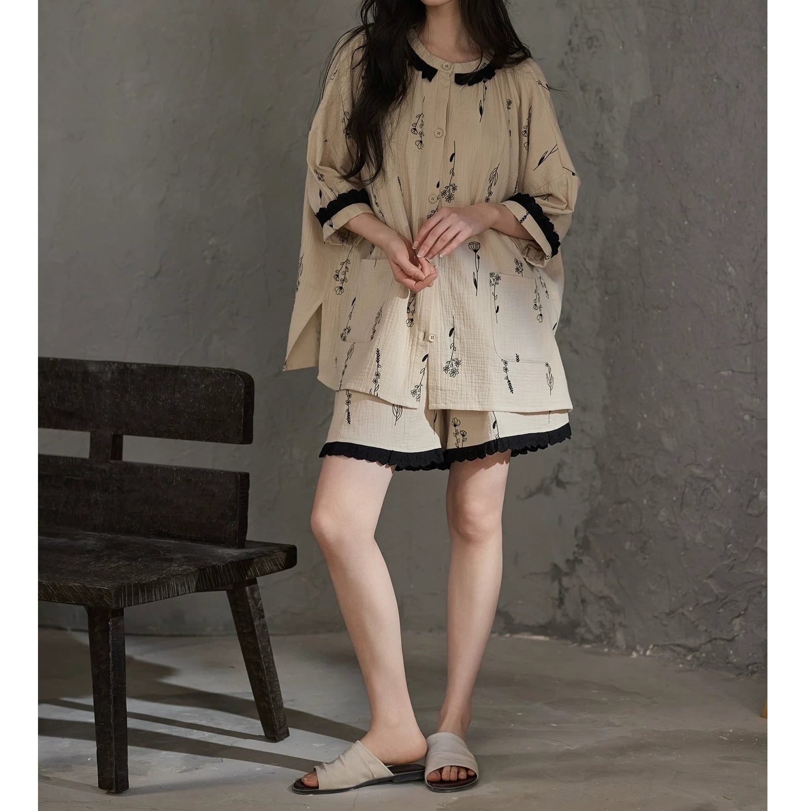 【2Style】【M-XL】monotone flower pattern summer pajamas p1686