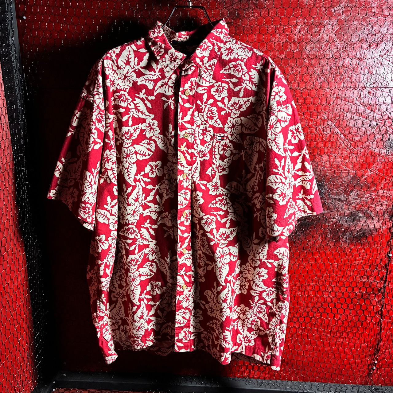 90s TOMMY HILFIGER コットンアロハ　赤白
