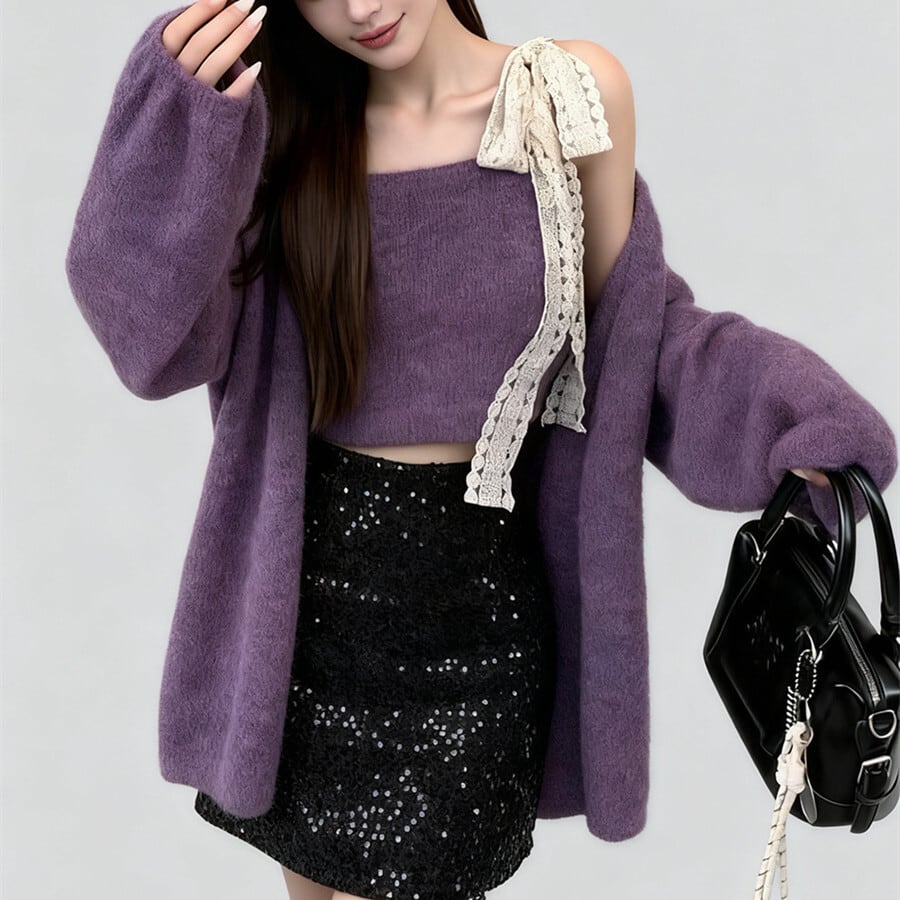 【set】ショルダーリボンキャミソール×カーディガンセット N3372