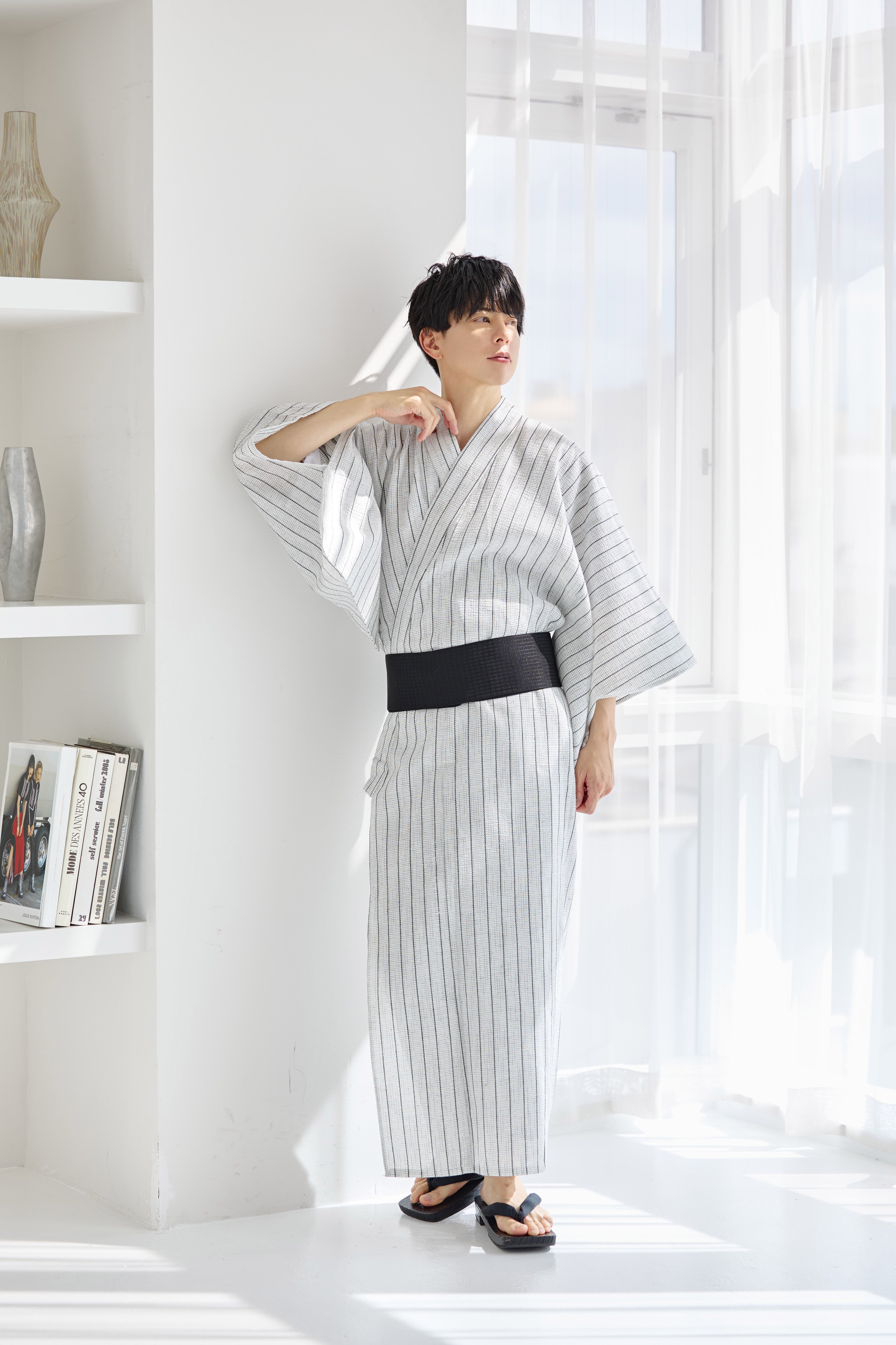 メンズ浴衣3点set涼風の湊色縞柄（白） Y4-64 | ANDESIR【アンデジール