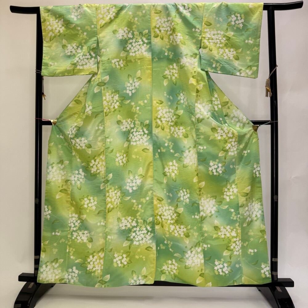 小紋 洗える着物 裄64.8cm 身丈162cm 花柄 袷 お洒落着 普段着 ポリエステル 緑 美品 M サイズ 6820