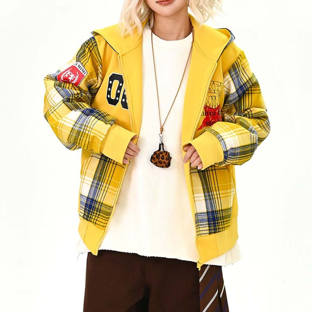 ナンバリングチェックミックスジップフーディ   R01513