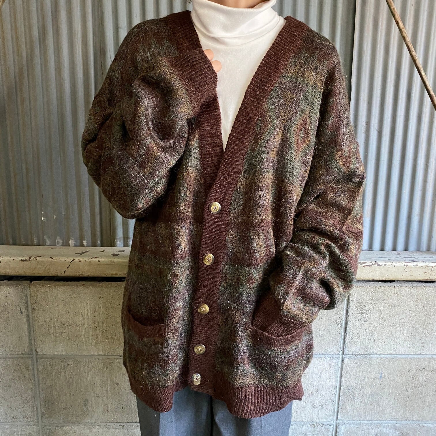 90s vintage mohair cardigan 総柄 L - カーディガン