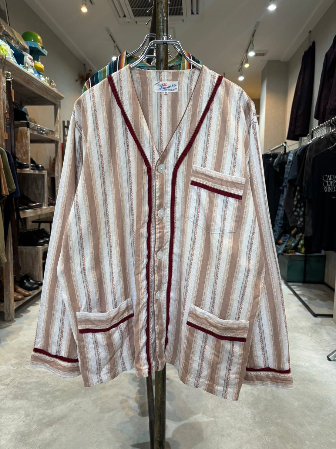 1970s フレンチチャイナ ノーカラーストライプスリーピングシャツ
