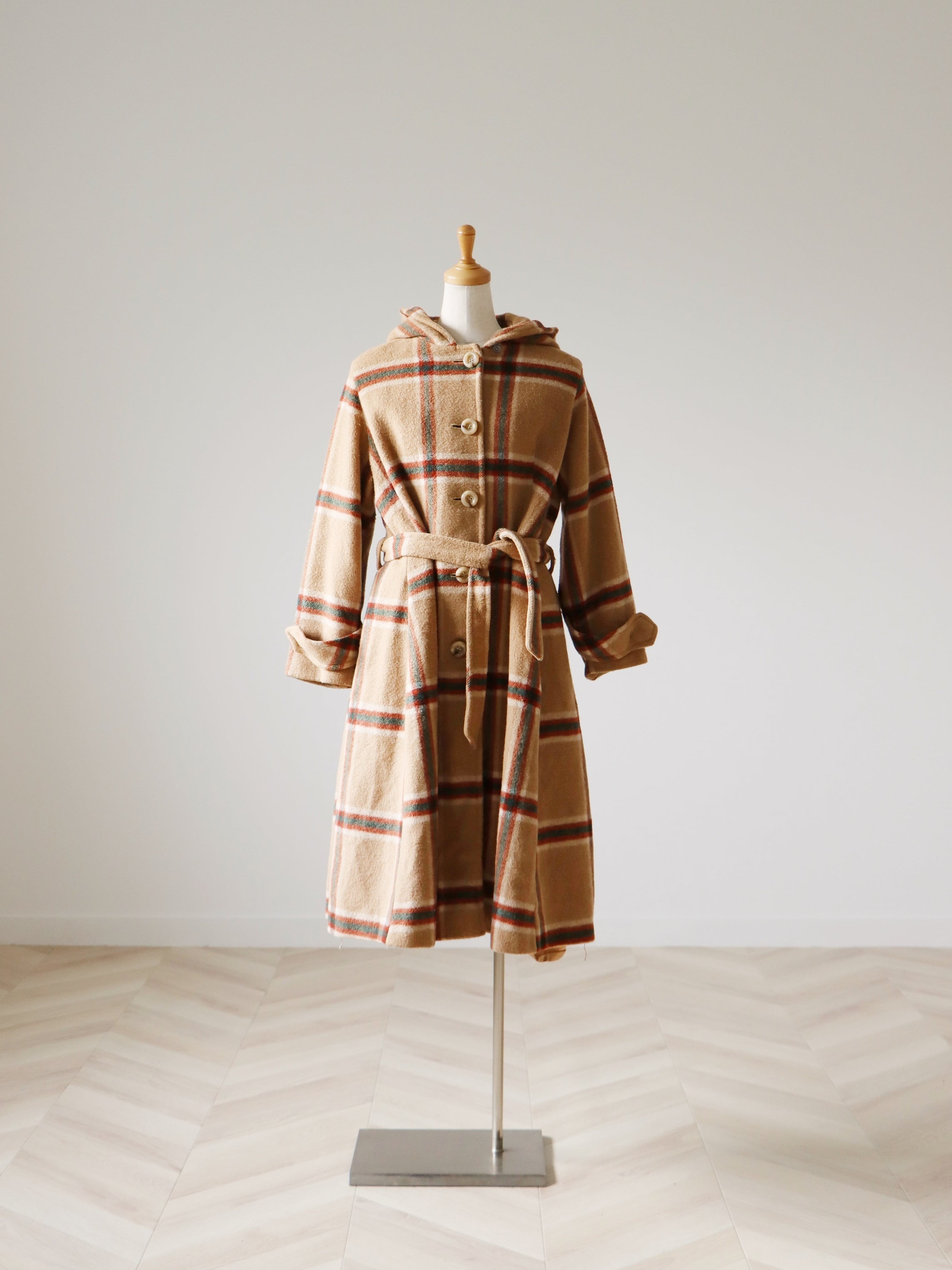 70s vintage tuck flare design plaid hoodie coat