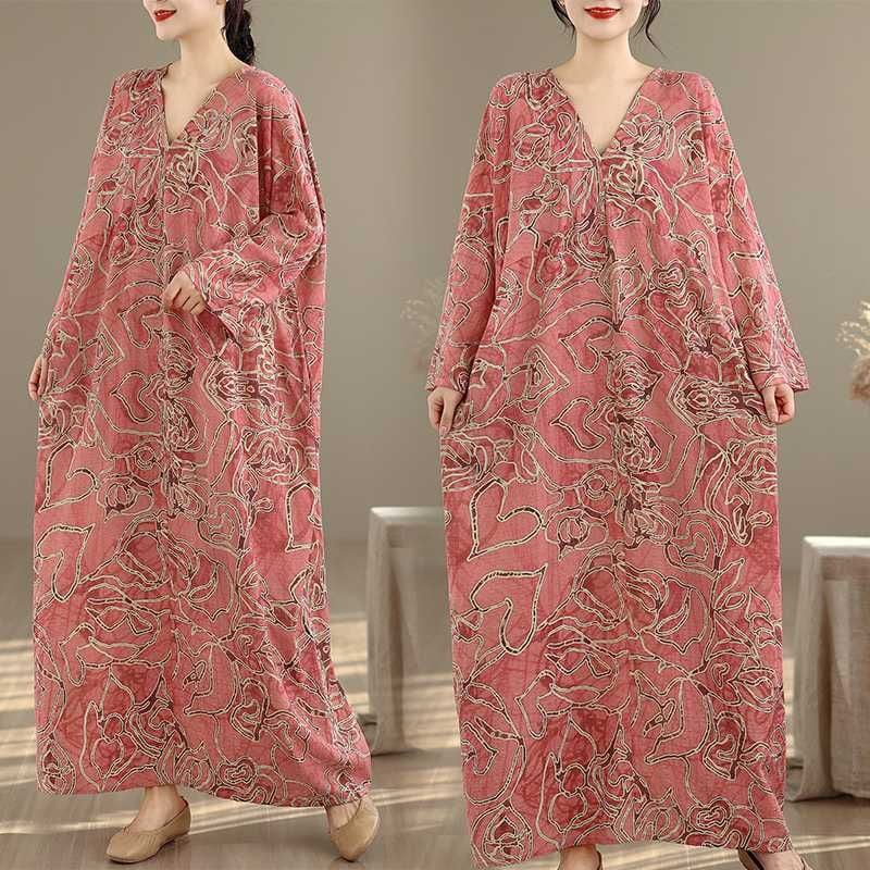 PINK ETHNIC PRINT V-NECK MAXI PULLOVER DRESS 1color M-16036