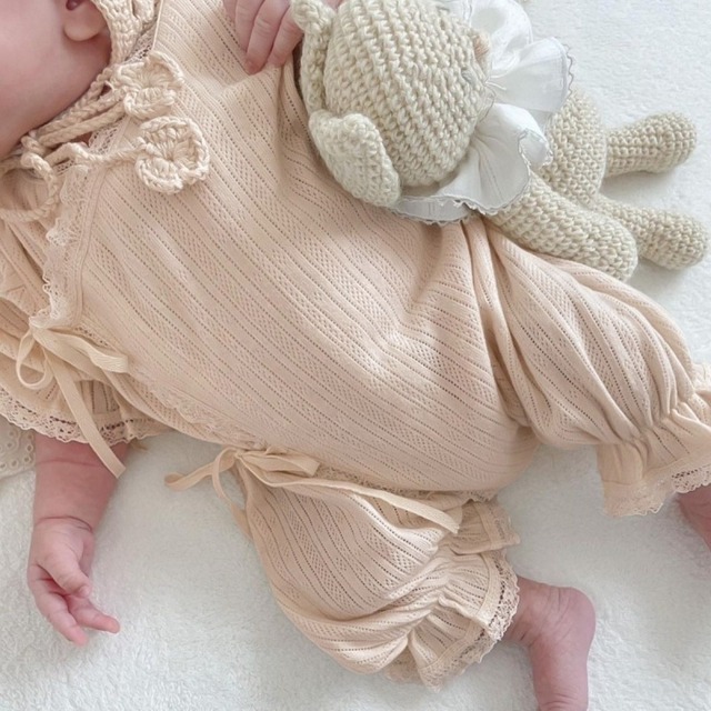 【BABY】夏作ベビー メッシュロンパース フリル リボン ノースリーブ ベビー服 女の子