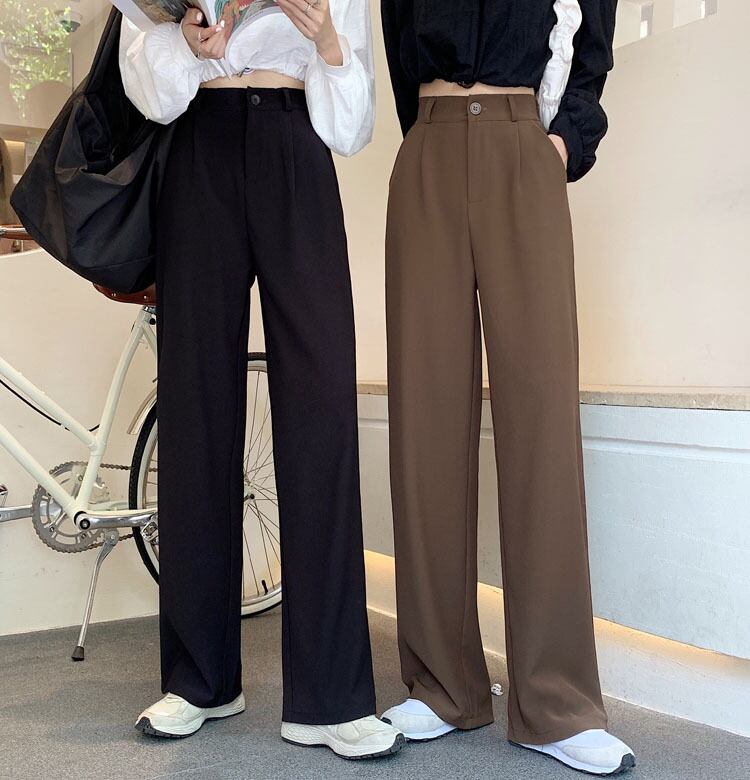 ブラックカジュアルパンツ スプリングオータム薄手ハイウェストウェストワイドレッグ 春物 秋物 ワイドパンツ 1号婦人32616122210