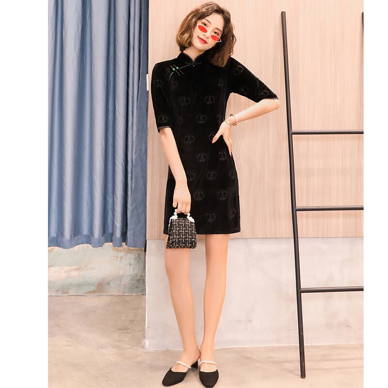 パンタ模様ワンピース チャイナドレス ベルベット S M L Ll ブラック 黒い 着痩せ 卒業式 女子会 Elegant