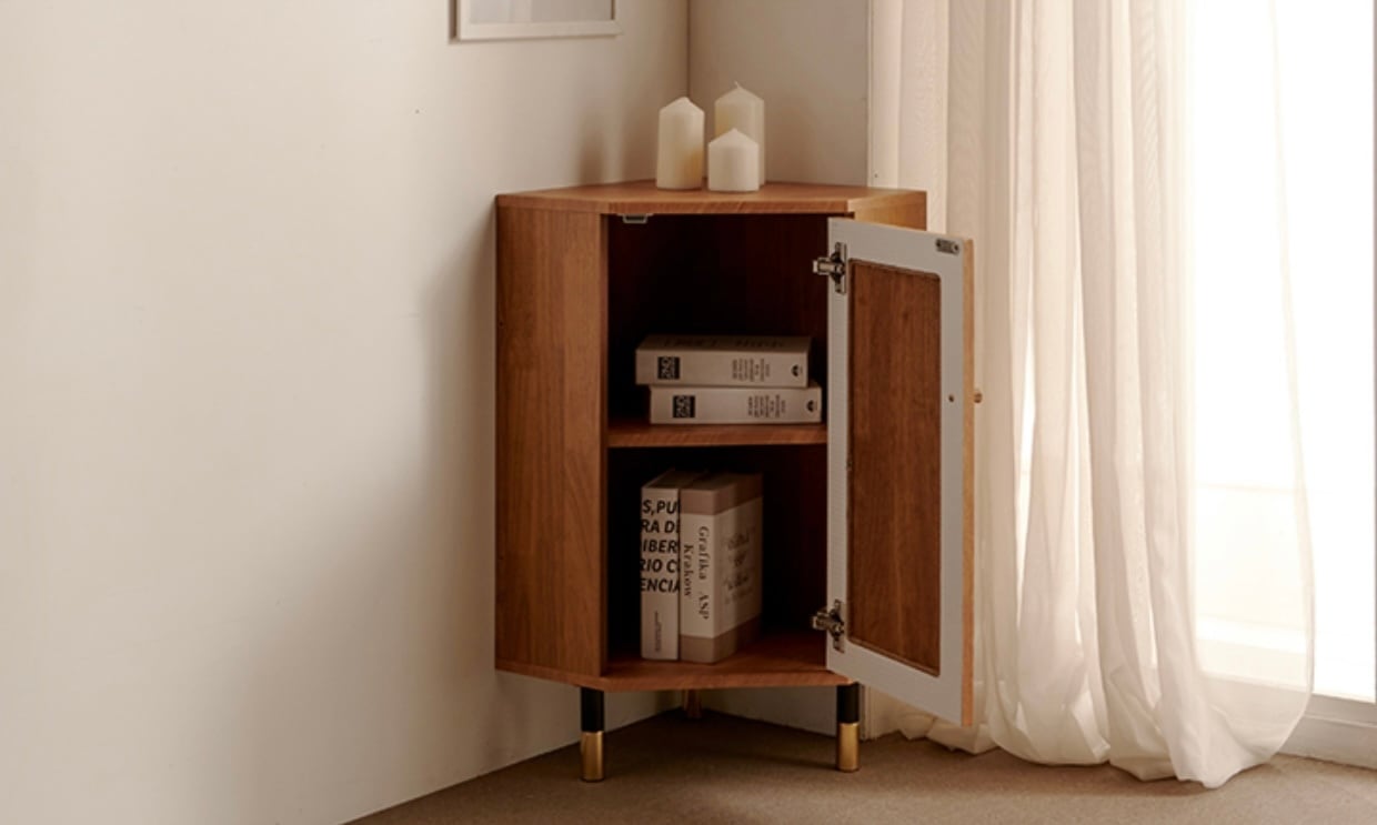 rattan wood corner shelf / ラタン ウッド コーナーシェルフ 角 収納