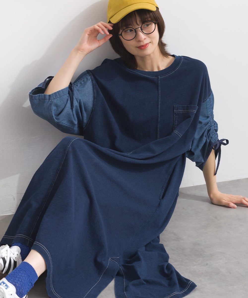 J261096 袖シャーリングデニム切替ワンピース / Shirring Sleeve Denim