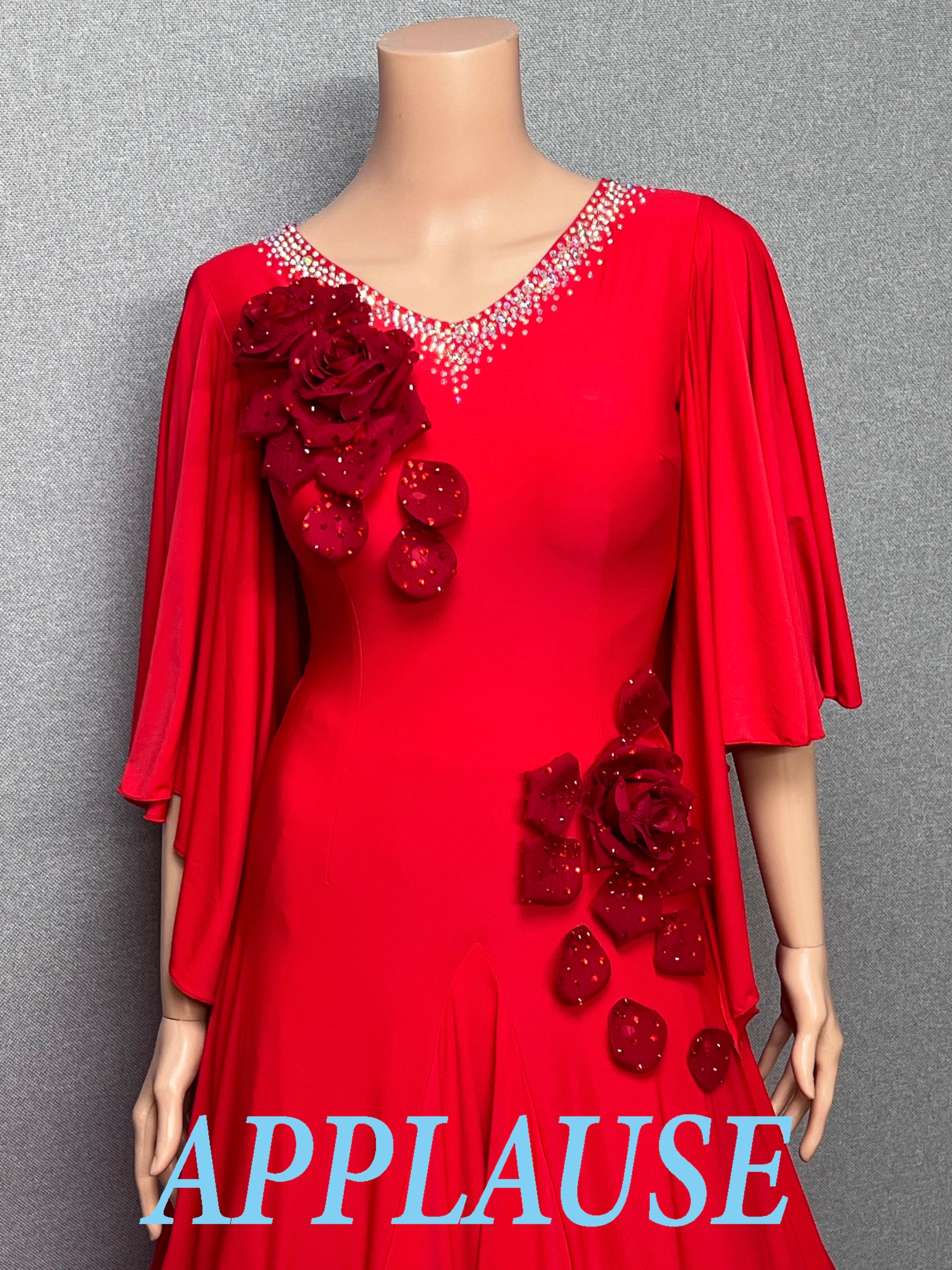 【新着】社交ダンス ドレス　モダン　スタンダード ドレス　ST-26-４　レッド（バラ）　M〜L　デモ・競技用ドレス　発表会　衣装　パーティドレス　ワンピース　舞台衣装