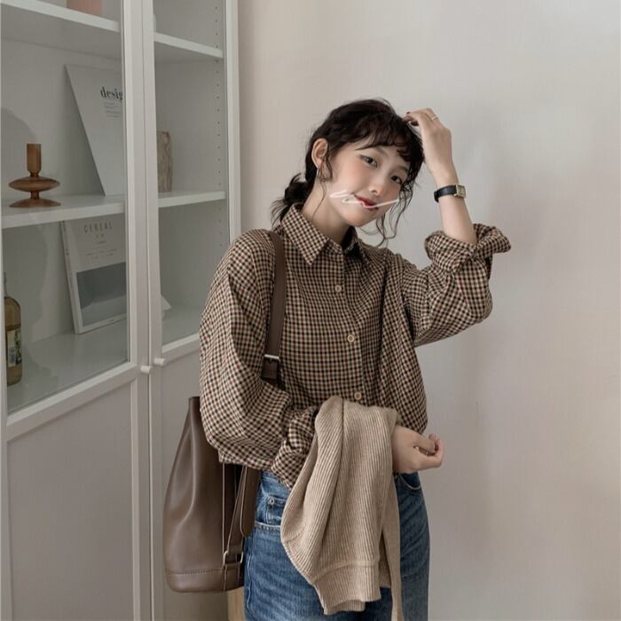 スタンダード格子柄シャツ オータムウィンタージャケット ロング レトロ 秋物 冬物 モンロー69881675586