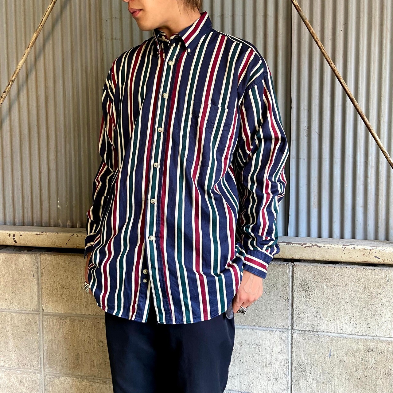 90年代 IVY CREW 長袖 マルチストライプシャツ メンズL相当 古着 