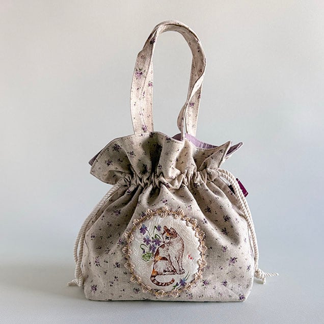 巾着ミニトートバッグ麻花柄『猫とスミレ』