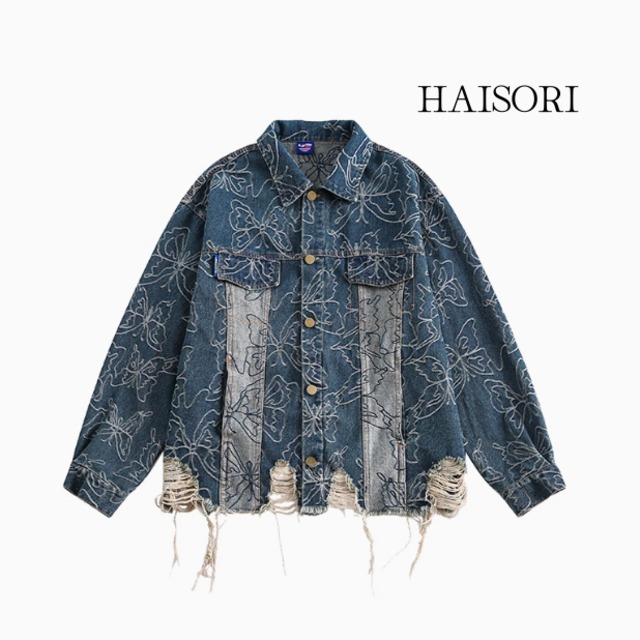 (NEW)Distressed vintage patterned denim jacket