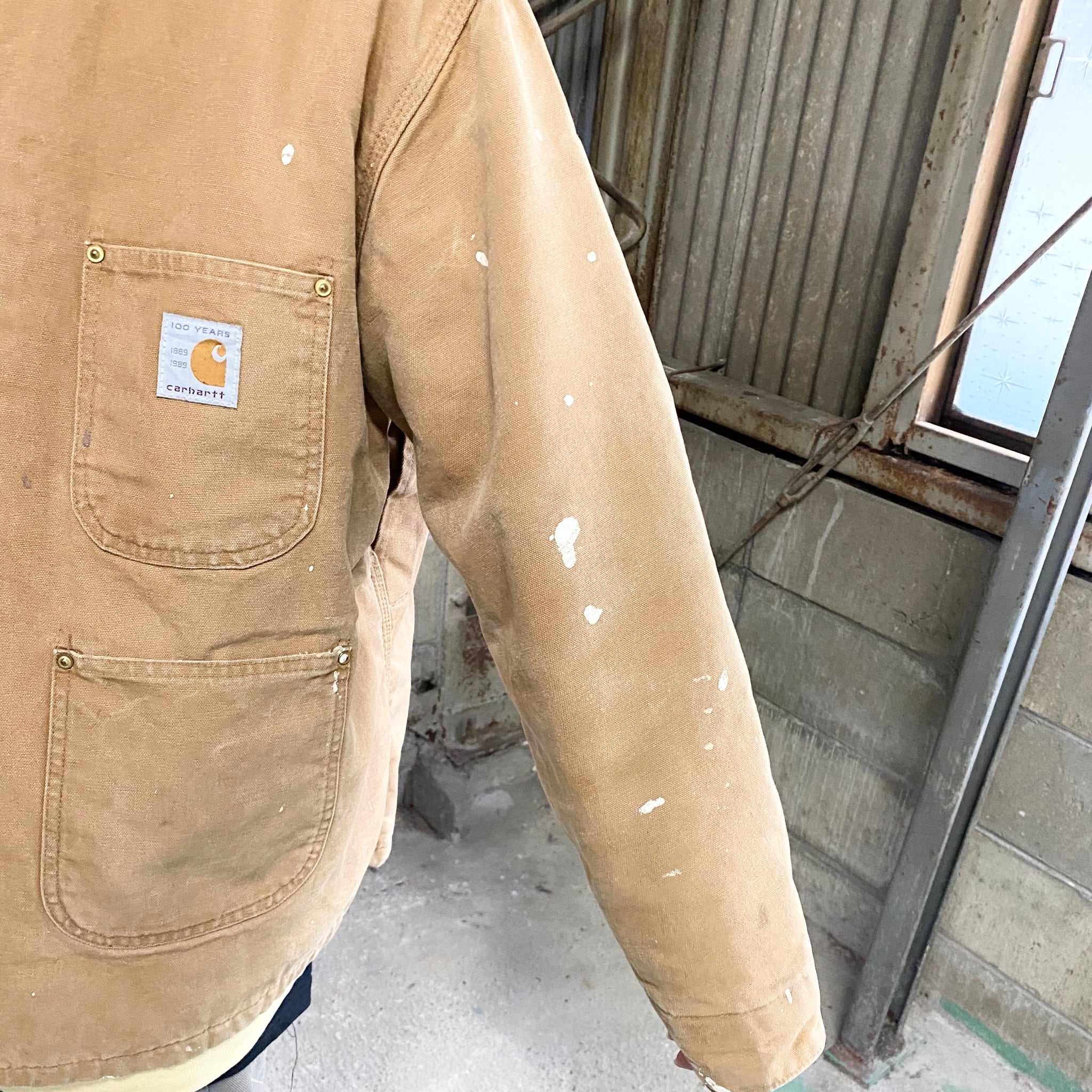 年代 s 周年モデル Carhartt カーハート ダック地 ブランケットライナー ミシガンチョアコート ワークジャケット カバーオール  ヴィンテージ ビンテージ 裏地付き ブラウン 茶色 ベージュ メンズL 古着ワークジャケット   cave 古着屋公式古着通販サイト