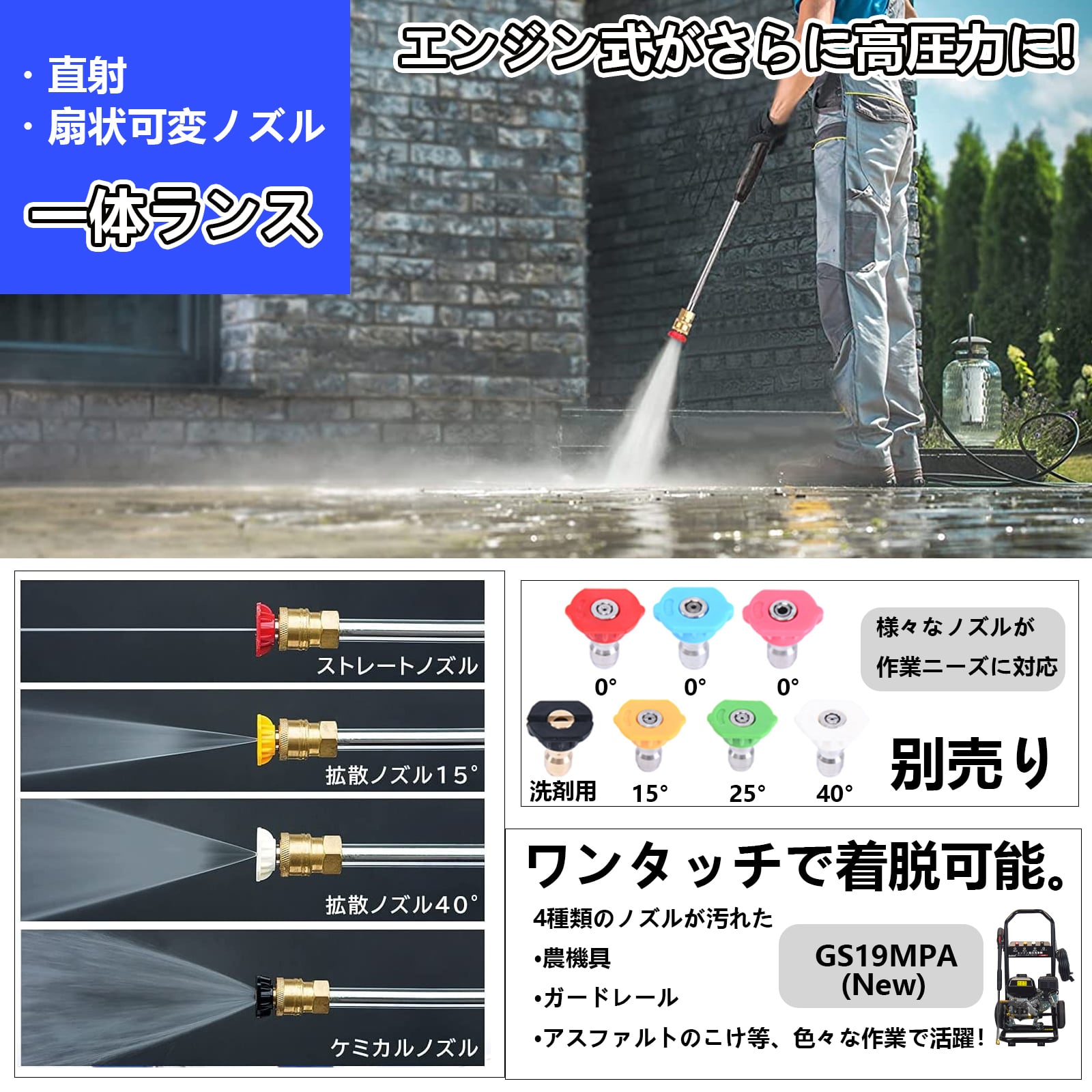 ★セット★エンジン式高圧洗浄機 ガソリン式 最大吐出圧19MPa 自吸対応 GI19MPA】【SET】高圧洗浄機エンジン式 最大出力19Mpa | Gaidoh