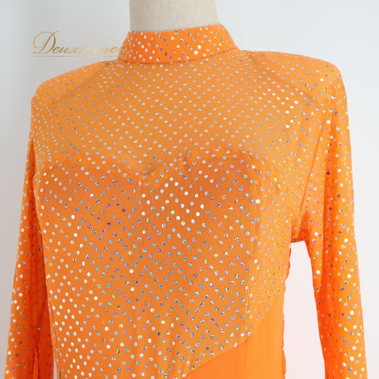 社交ダンス 衣装 prima boutique プリマブティック ドレス ワンピース オレンジ系 ホログラム レース 透け感 上品 明るい 鮮やか ダンス衣装 イベント ステージ パーティー レディース キラキラ 輝き 練習 レッスン