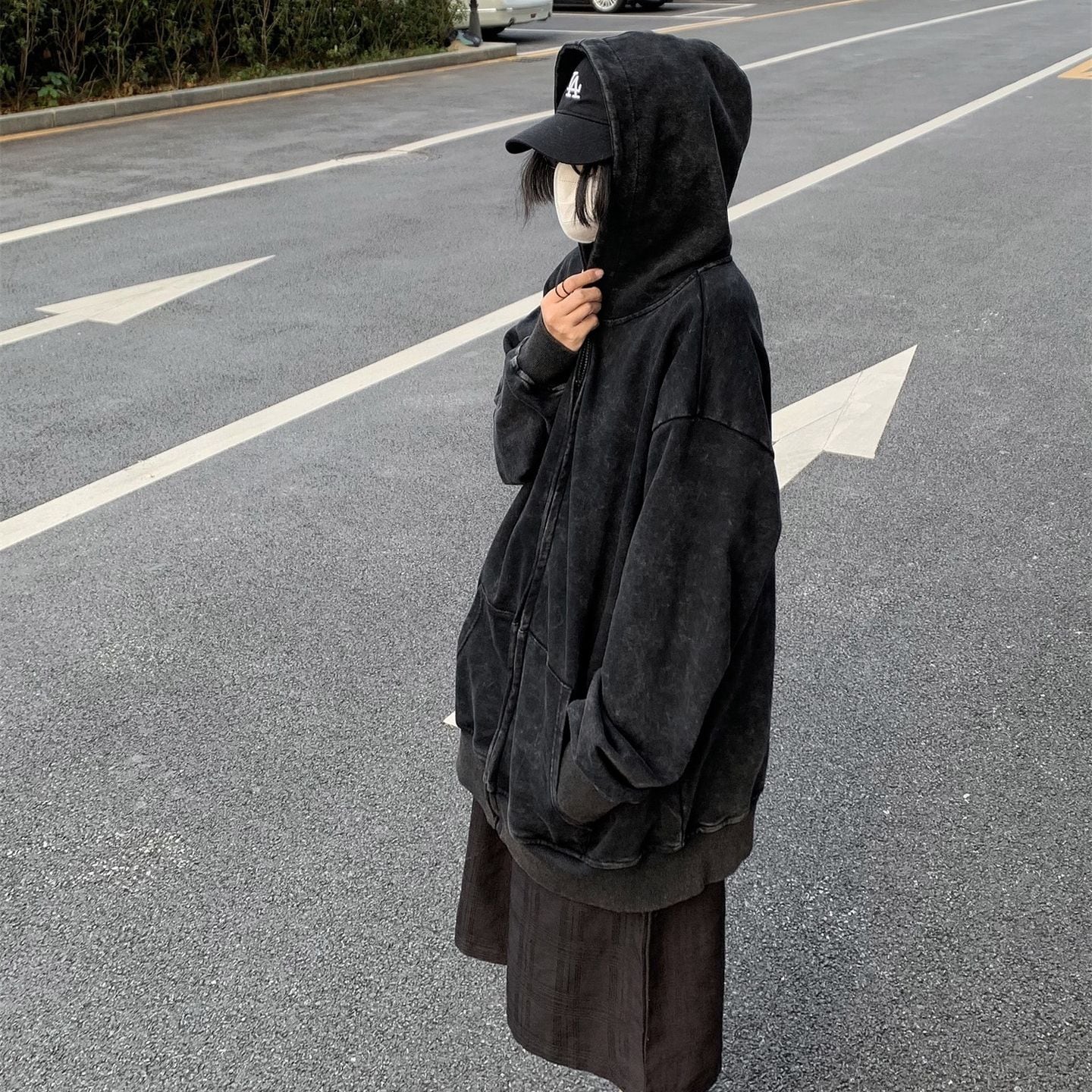 パーカー トップス ブラック オーバー ストリート 韓国 ユニセックス ジップアップ パーカー ウォッシュ加工