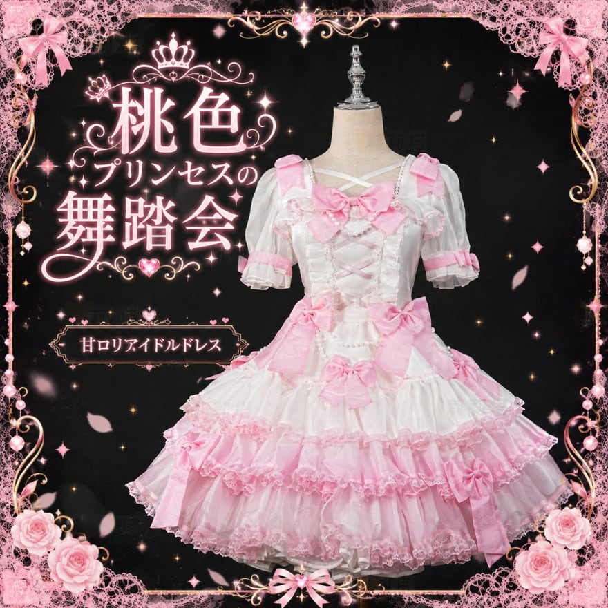 桃色プリンセスの舞踏会 多段フリルリボンの甘ロリアイドル衣装ドレス