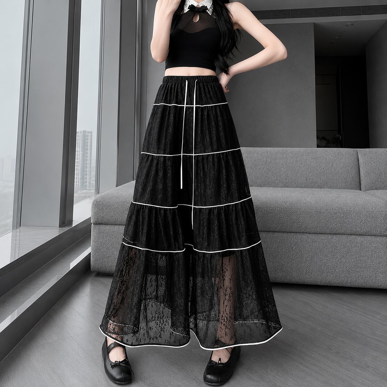 sheer lace tiered long skirt / l0719