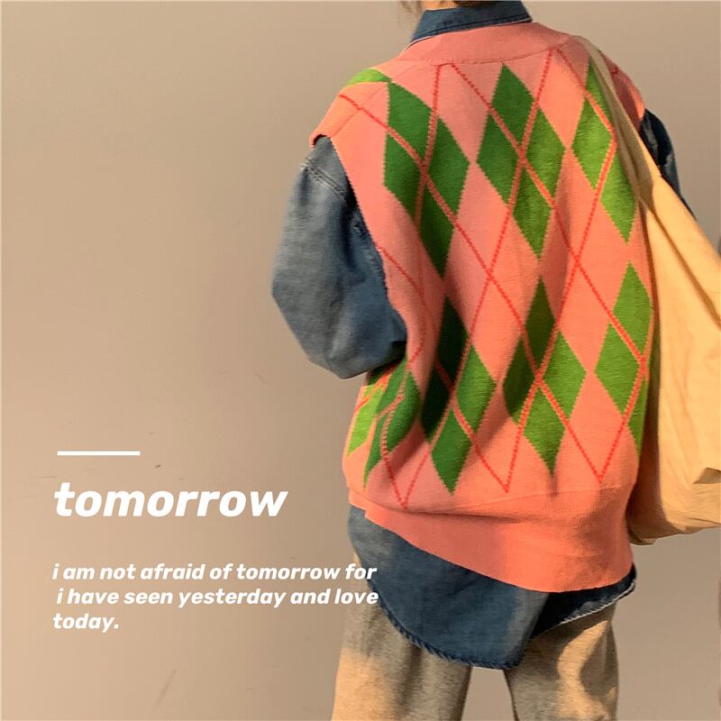 スタンダード格子柄セーター ノースリーブレディーススプリングオータムルーズプルオーバー トップス ピンク レトロ 春物 秋物 萌量不足26728527000