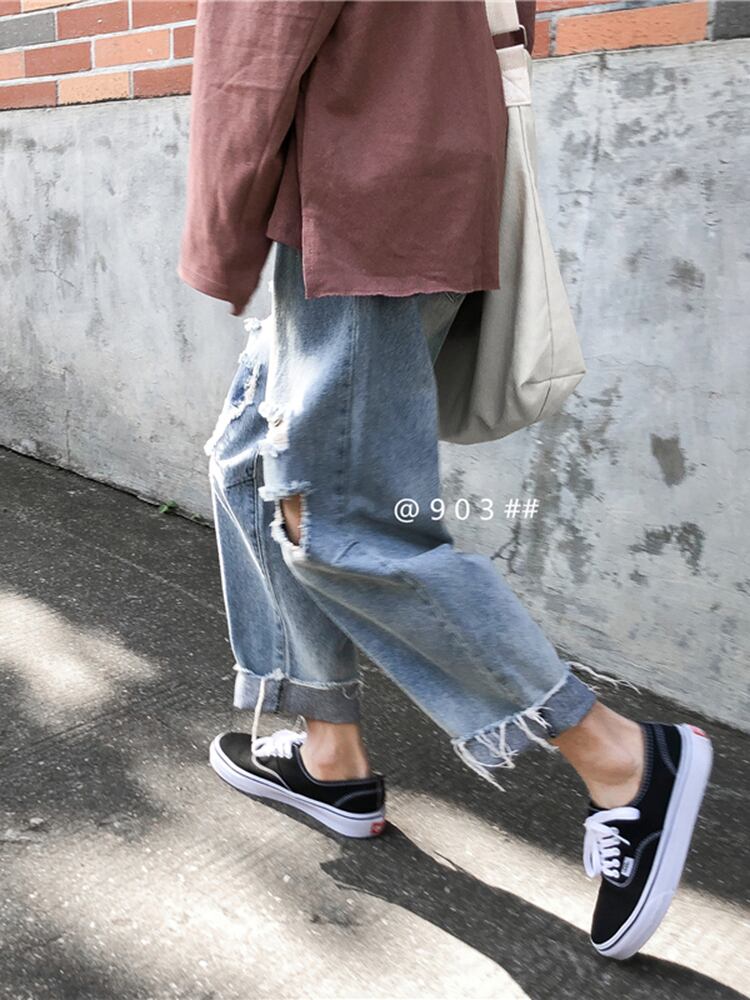 全1色 デニム パンツ ストレート カジュアル ダメージ おしゃれ