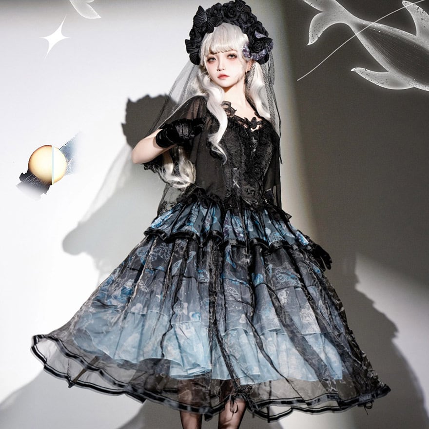 地雷系 ゴスロリ ジャンパースカート ロング丈 闇かわいい 蝶々 プリント柄 イベント衣装