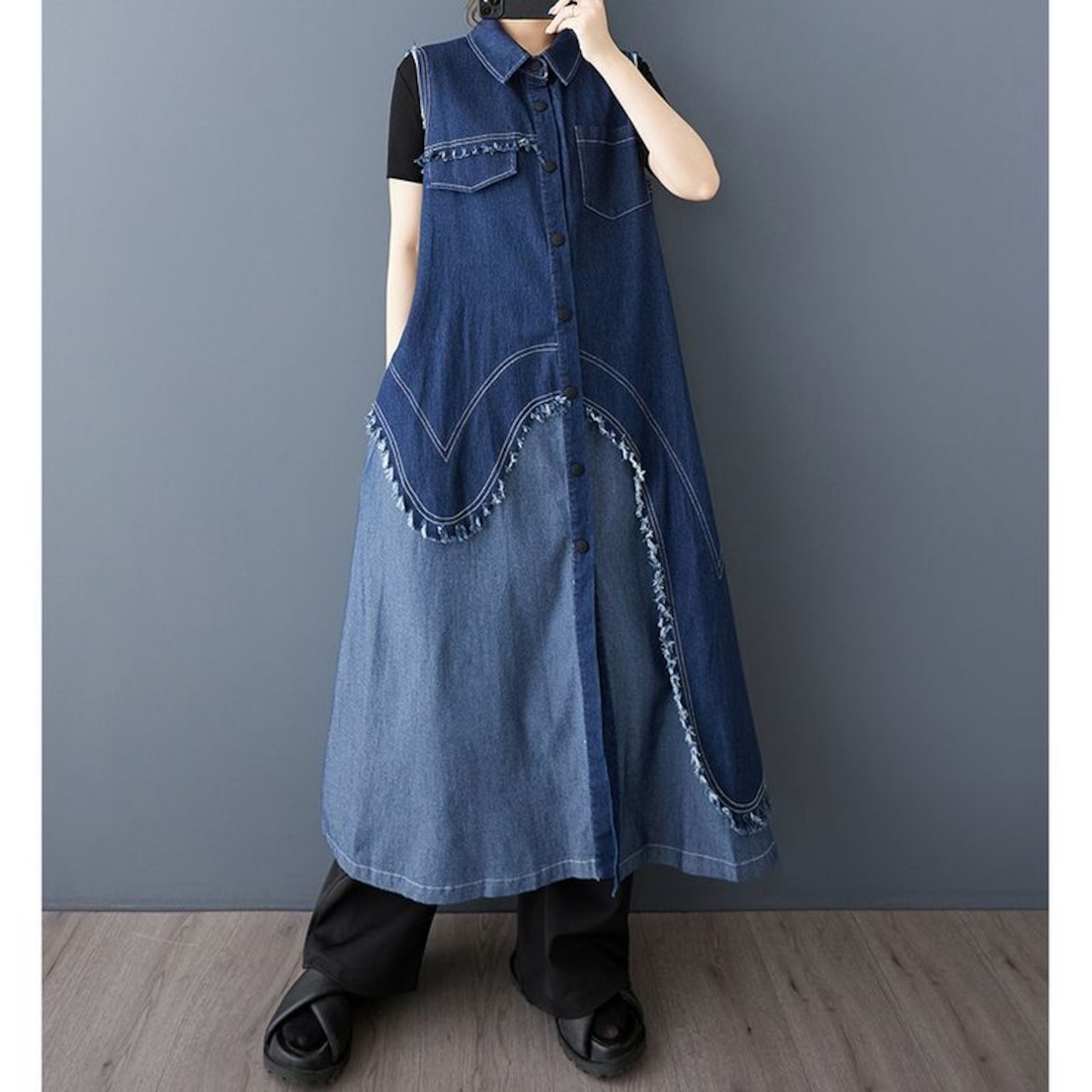 フリンジデニム ノースリーブ ワンピース 00195
