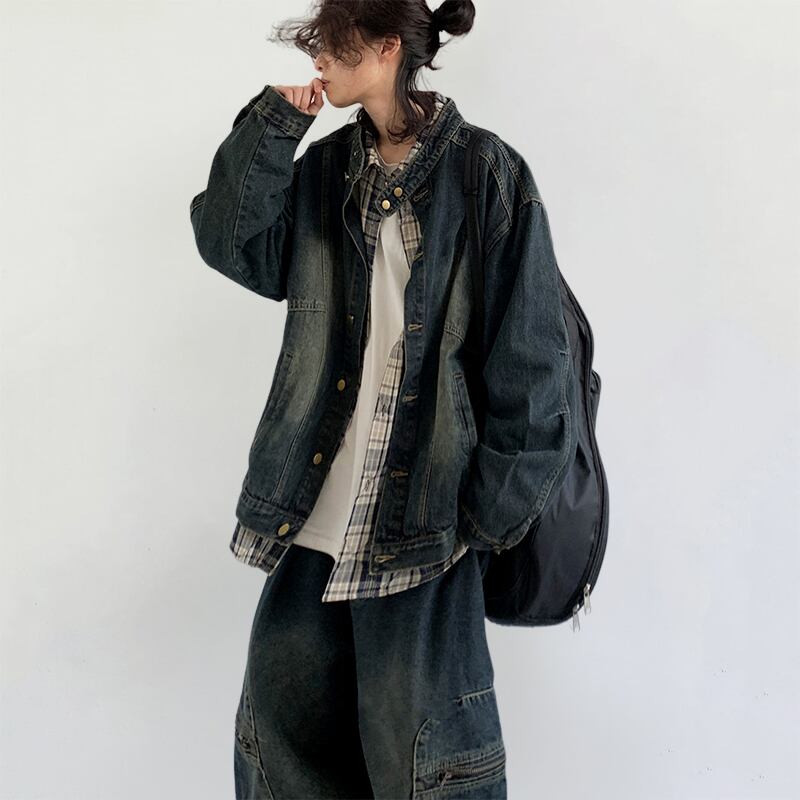 jiwuusウォッシュスタンドカラーデニムジャケット