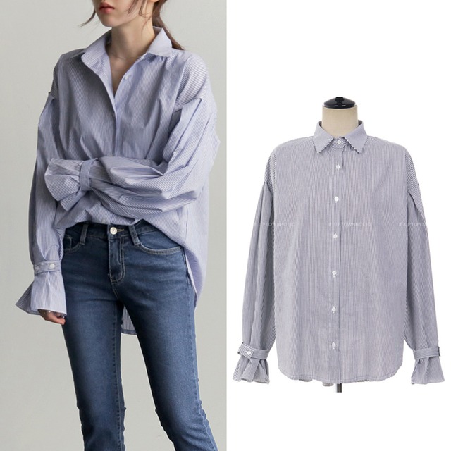 長袖 袖コンシャス 襟付き ストライプシャツ