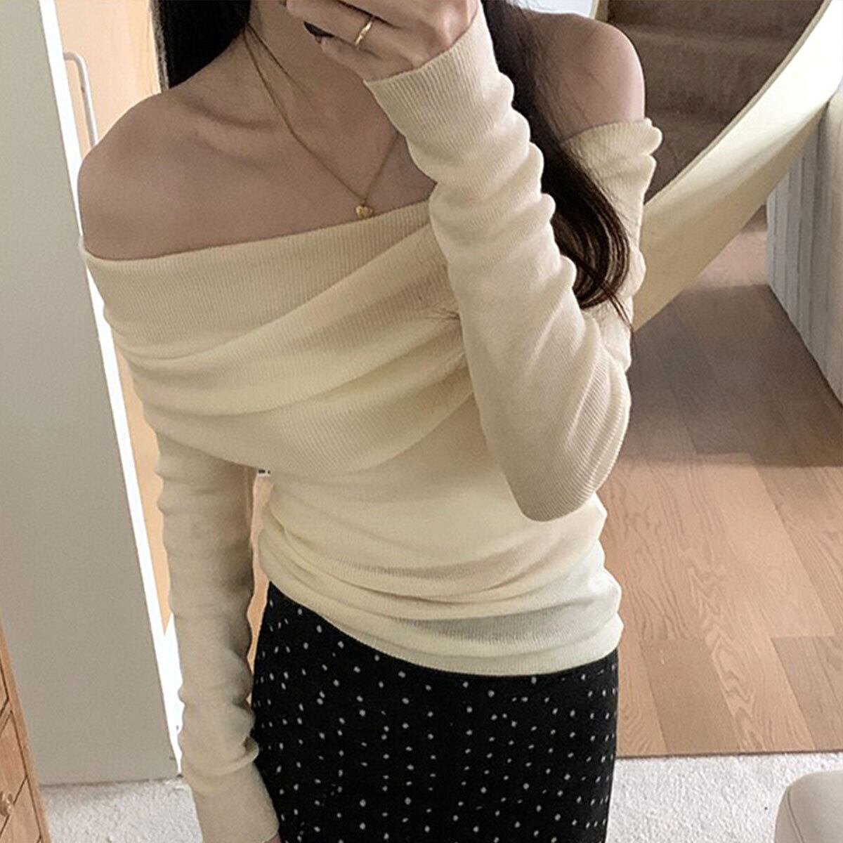 オフショルダー ニット レディース 春秋冬 韓国 オフショル 肩出し トップス おしゃれ 大人 カジュアル フェミニン リブニット セーター 無地 きれいめ 肌見せ 大人可愛い 大人女子