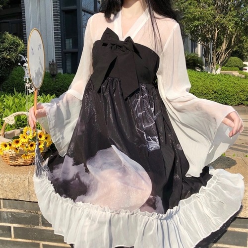 ✞ スタンダードおおきめリボン姫スリーブワンピース レトロ  韓国 メッシュ✞ゴスロリ SM ミリ 甘ロリ クラロリ 和ロリ エレガント 黒ロリ 姫ロリ 華ロリ BB-BB6310382