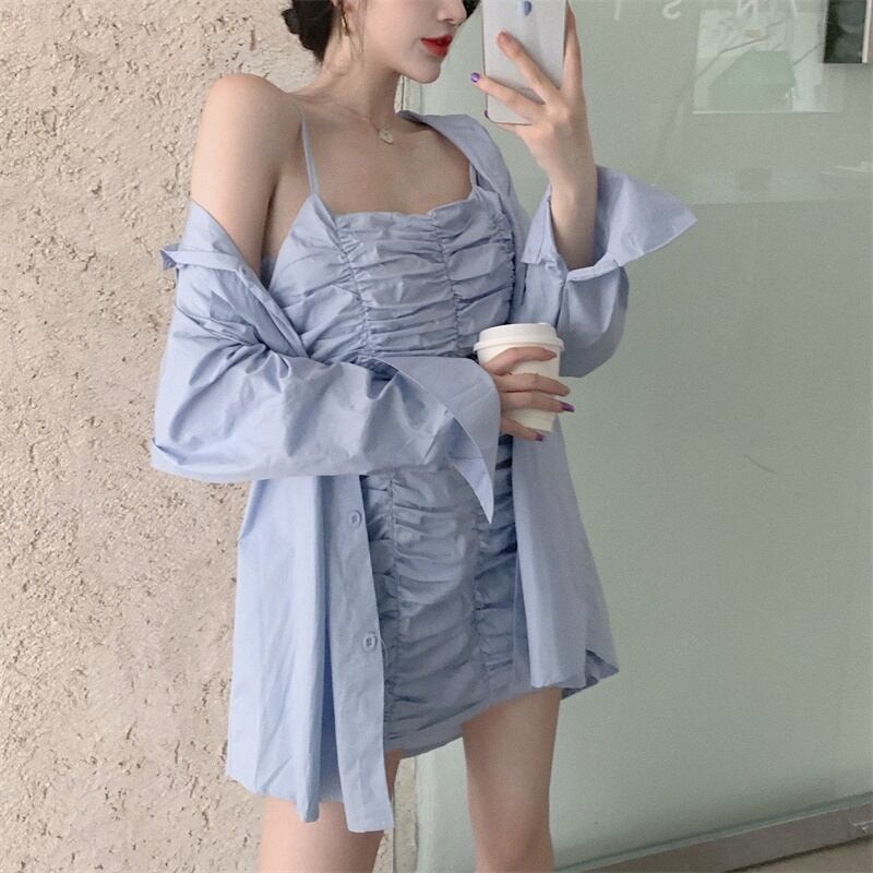 プリーツドレス サマーソリッド カラーシャツ スリムスカート 夏物 ソリッドカラー ドラファッションホール52150335181