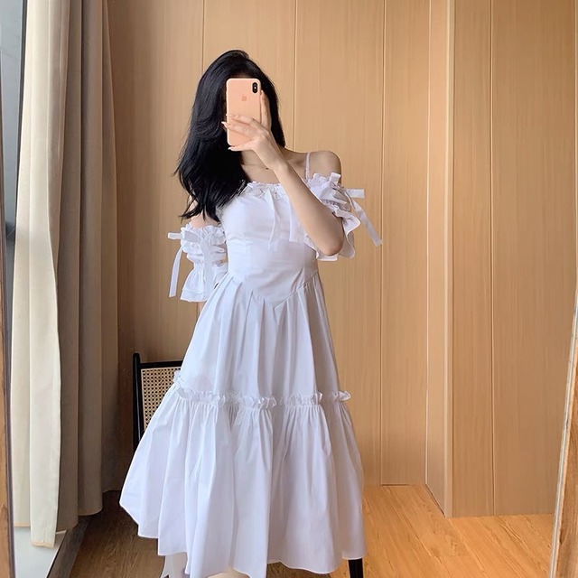 ワンピース オフショルダー ワンピース エレガント ドレス セクシー リボン シンプル チュニック エレガント シャツ ワンピース ミニスカート エレガント 可愛い ガーリー リボン 白 Loveysmileshop