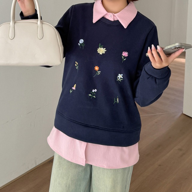 flower embroidery docking shirt sweat pullover  e1782