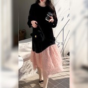 Black Velvet Patchwork Long Dress 5019