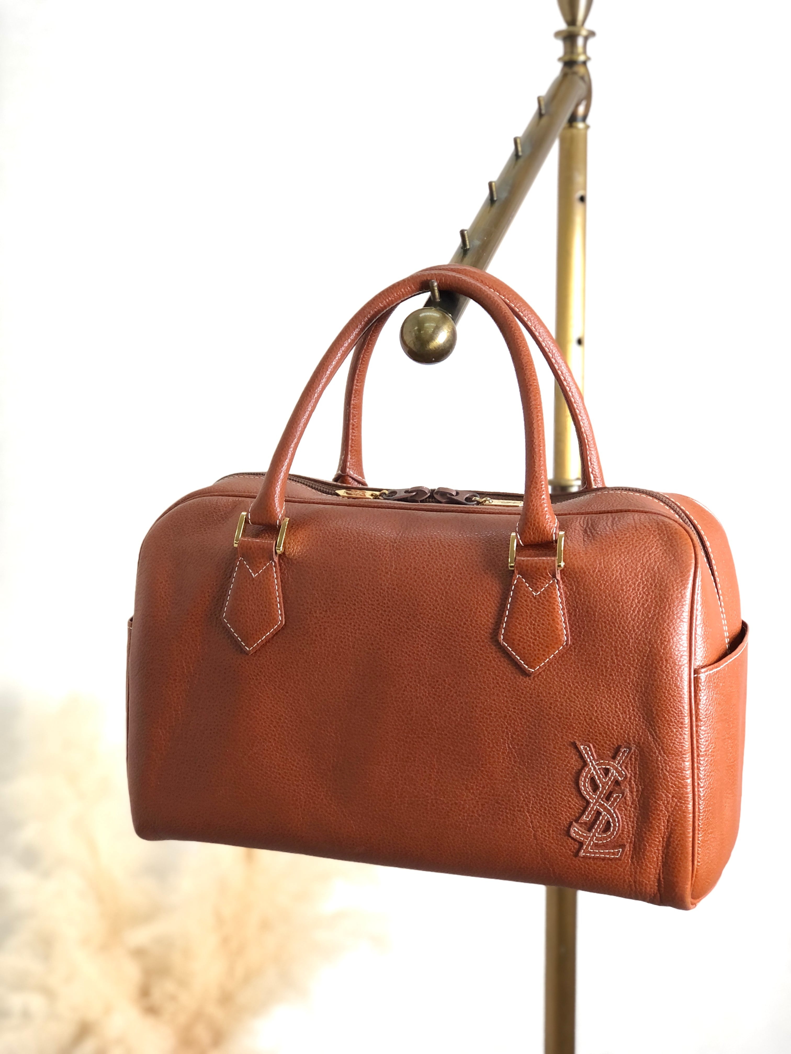 【美品】イヴサンローラン クロコ ハンドバッグ ステッチ ブラウン レザー ロゴ 日本直送 名牌中古包 】Yves Saint Laurent イヴ・サンローラン