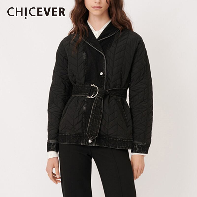 CHICEVERソリッドパーカーレディースVネック長袖パッチワークレースアップブラックシックコットンコート2021冬服 ロング ウィンター 冬物 ソリッドカラー 6base546016516953