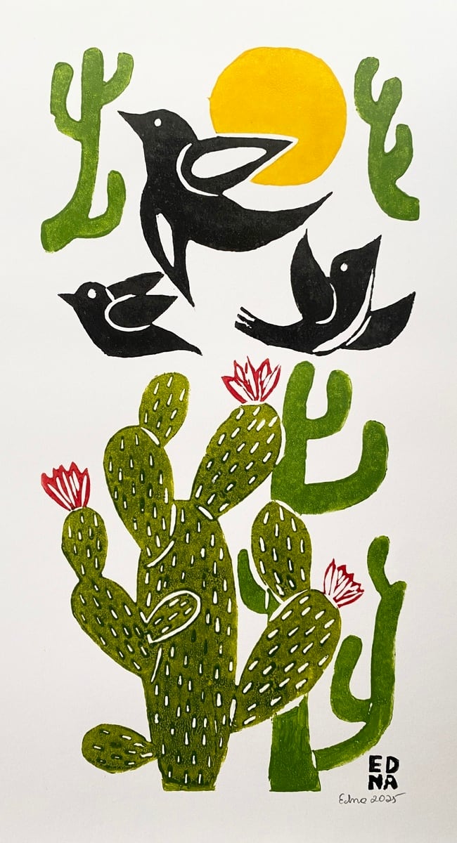EDNA SILVA エジナ・シルバ 木版画 M【3匹の鳥とサボテン】