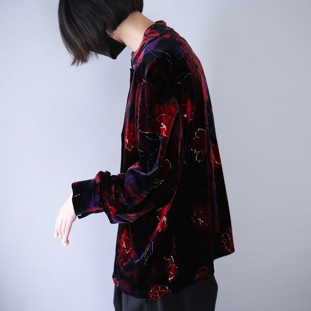 elegant flower art pattern mao-collar velours shirt