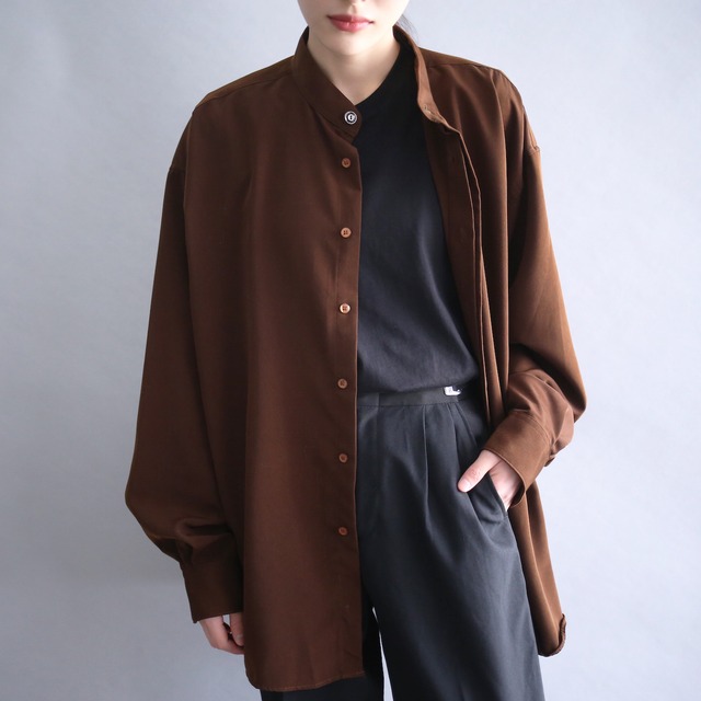 "刺繍" grid pattern fly-front minimal design loose band-collar shirt