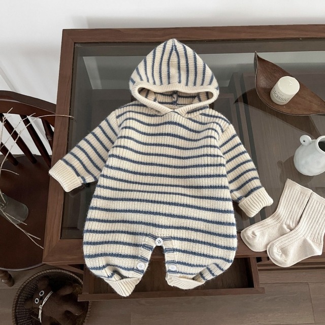 【BABY】秋新作ベビー ボーダー フード付きロンパース 長袖