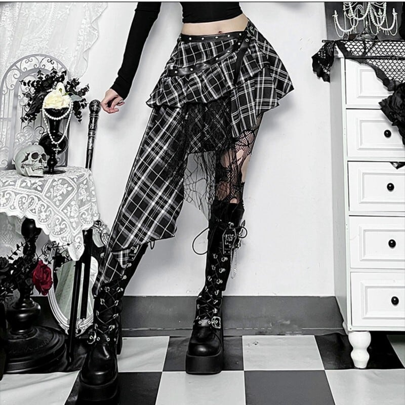 Asymmetrical check skirt r0044