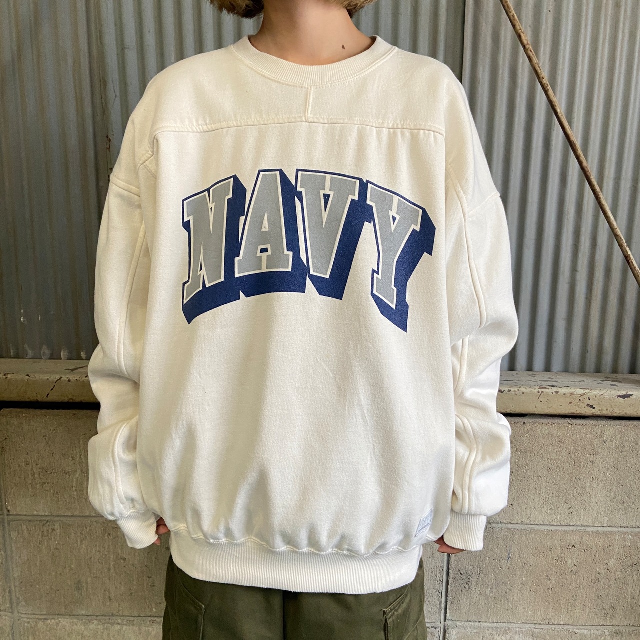 GEAR NAVY ロゴプリントスウェットシャツ メンズL 古着 トレーナー 90S 
