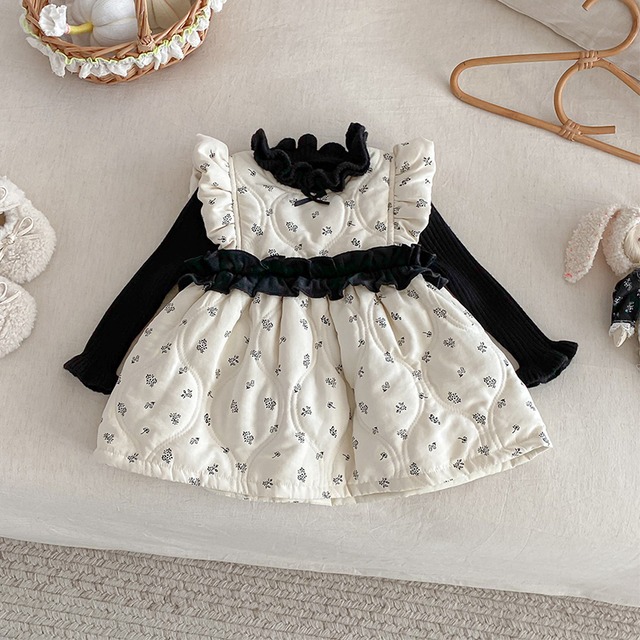 【BABY&KID】冬作厚手花柄レースプリンセスワンピース