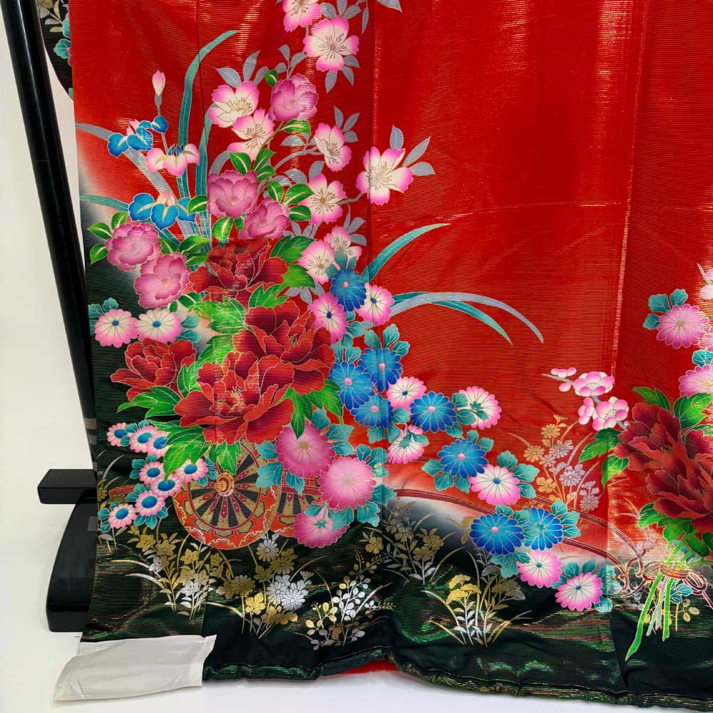 本振袖 引き振袖 ポリエステル 黒 花柄 古典 刺繍 結婚式 裄66cm B