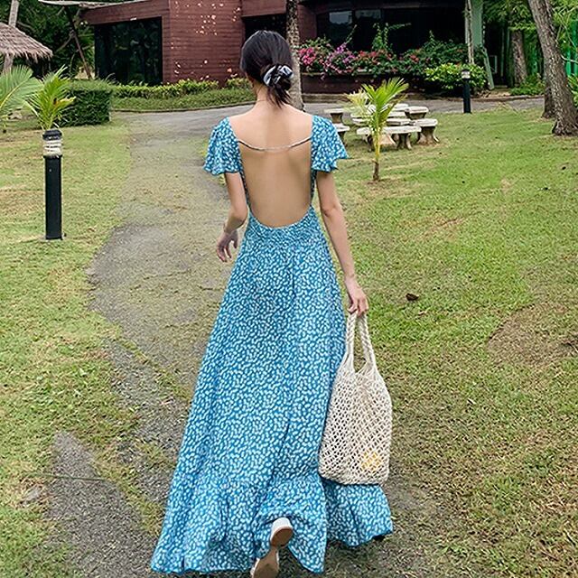リゾートワンピース ハワイ 沖縄 グアム 50代 40代 30代 代 10代 ロング マキシ丈 Vネック 背中あき 背中見せ フィッシュテール ワンピース 半袖 韓国の可愛いレディースアパレルのセレクトショップ Kilalion キラリオン